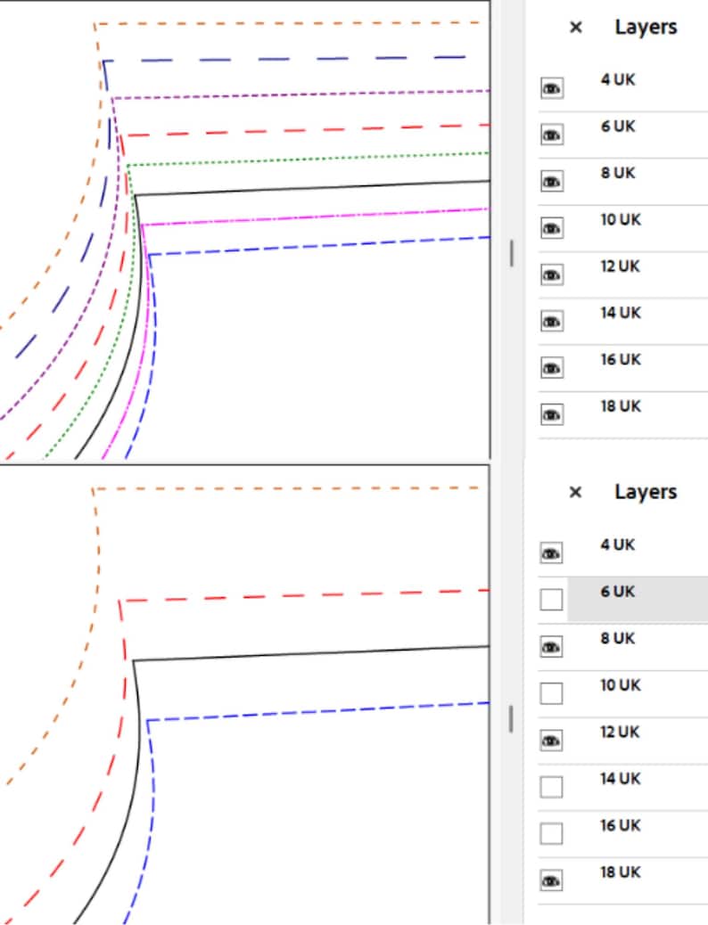 May include: A digital illustration of a garment pattern with various dashed and solid lines in brown, red, green, black, purple, and blue. The right side shows a list of sizes from 4 UK to 18 UK.