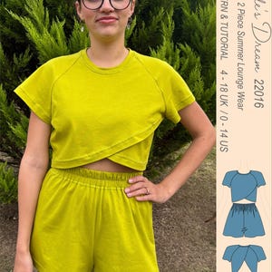 Patrón. Conjunto de dos piezas de punto elástico para estar en casa: top cruzado y shorts elásticos. Tallas 4-18 (Reino Unido). Patrón de costura de nivel fácil a intermedio.