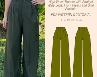 May include: Olive green high-waist trousers with straight wide legs, front pleats, and side pockets. The text reads: Myrtle's Dream 22025, High Waist Trouser with Straight Wide Legs, Front Pleats and Side Pockets, PDF PATTERN & TUTORIAL, 4-24 UK / 0-20 US.