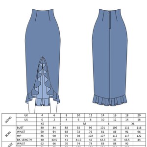 May include: A sewing pattern for a high-waisted skirt with a flounce-slit design. The pattern includes sizing charts in US sizes 0-16 and UK sizes 4-18. Suggested fabrics include lightweight corduroy, denim, and linen.