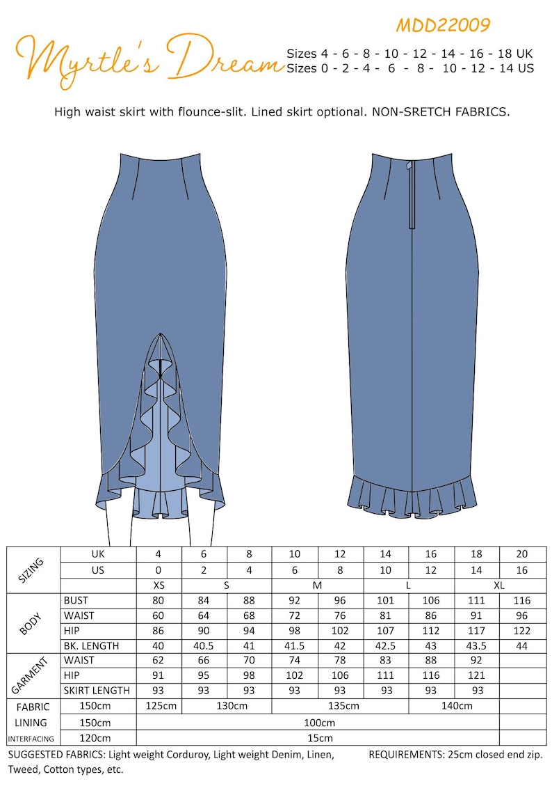May include: A sewing pattern for a high-waisted skirt with a flounce-slit design. The pattern includes sizing charts in US sizes 0-16 and UK sizes 4-18. Suggested fabrics include lightweight corduroy, denim, and linen.