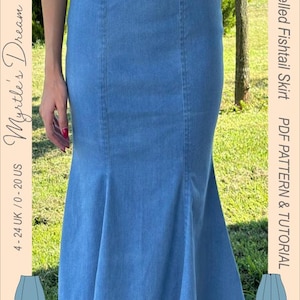 Pattern. Fitted paneled fishtail skirt. Easy sewing project. Sizes 4–24 UK / 0–20 US.