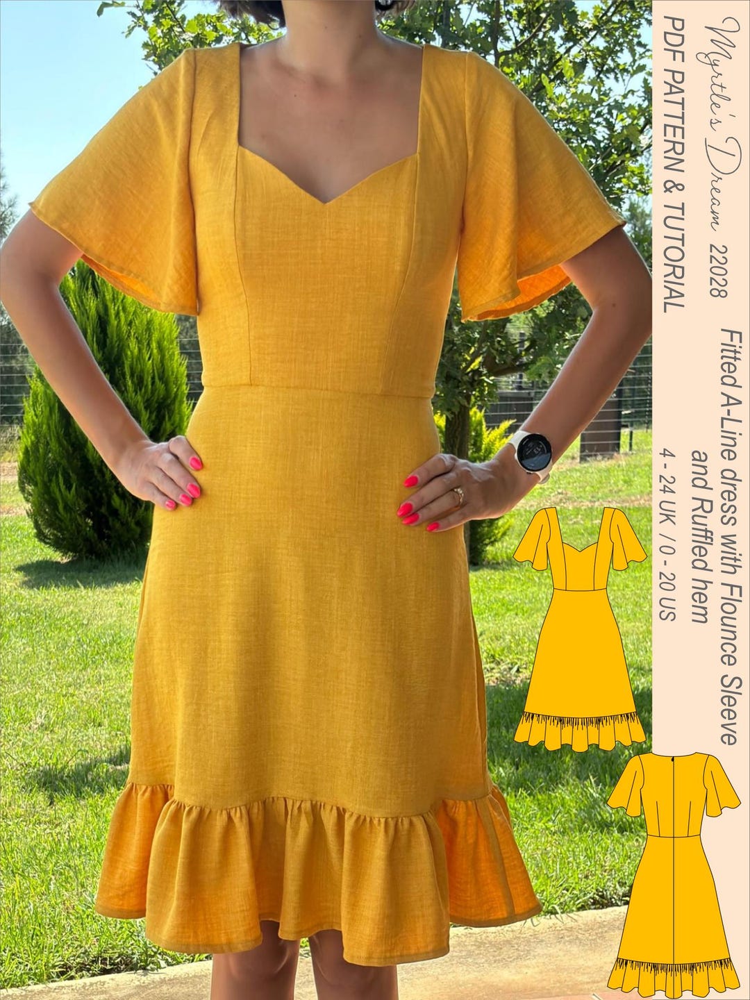 ruffle hem a line dress Pattern. Fitted Bodice A-line Summer With Flounce Sleeves and Hem. Intermediate Sewing Project. Sizes 4–24 UK Neck Waistline floral trim dress Ruffled Quinceanera Dress by SIZE:US 14