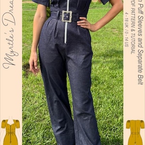 Jumpsuit Sewing Pattern: with puff sleeves, side pockets and separate belt. Sizes 4-18 UK /0-14 US. Intermediate sewing project. (PDF)