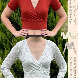 Peut inclure: Un haut cache-cœur à manches courtes couleur rouille et un haut cache-cœur à manches longues blanc et gris chiné. L'image contient le texte Myrtle's Dream 22026 Ballerina stretch knit Top, PDF PATTERN & TUTORIAL, et Sizes 4-6-8-10-12-14-16-18-20-22-24 UK.