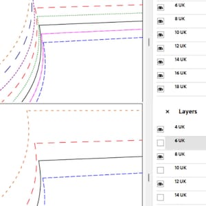 May include: A digital sewing pattern interface displaying two stacked views of nested curved lines in various colors including orange, dark blue, red, green, black, and purple. A layers panel on the right lists sizes from 4 UK to 18 UK.