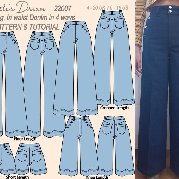 Pattern. Wide leg, in waist Denim trouser, in floor, cropped, knee and short length. Sizes 4–20 UK. Intermediate sewing project.