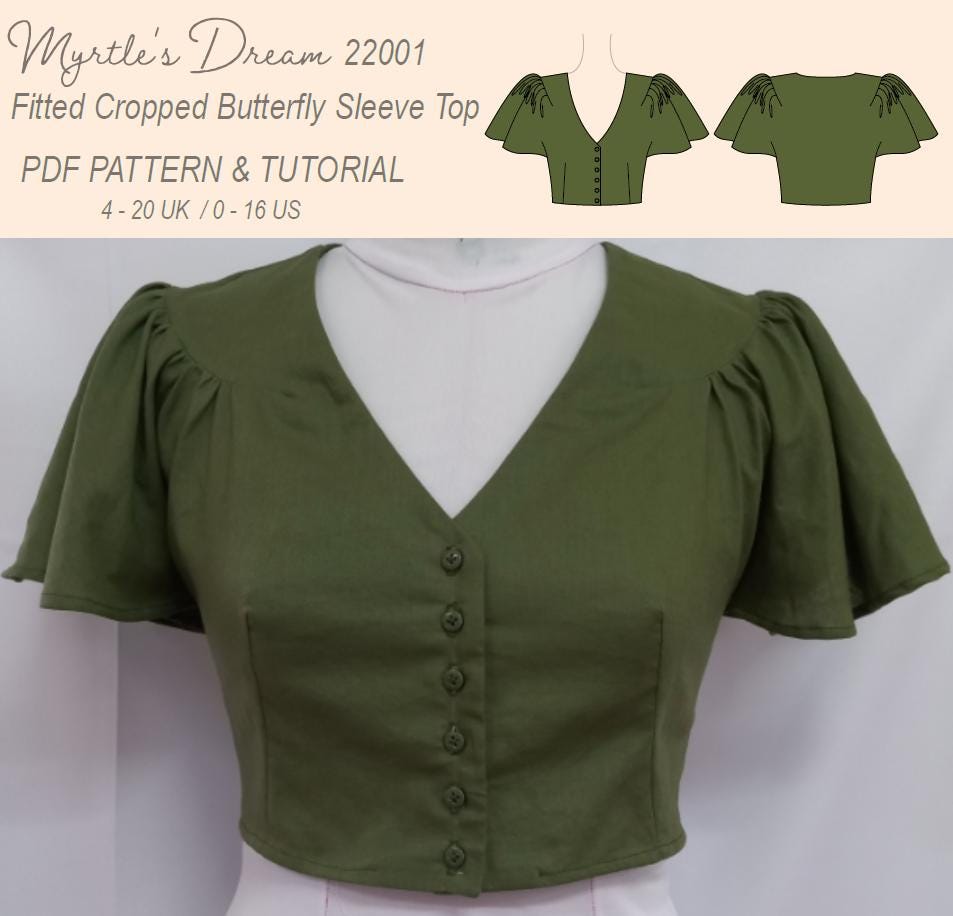 Fitted cropped top pattern with butterfly sleeves. Easy sewing project. Sizes 4-20 UK. (PDF)