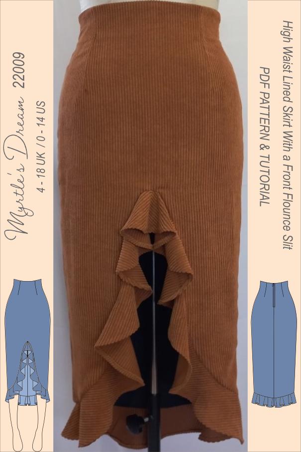 Pattern. High Waist Skirt With Front Flounce Slit, Lined or