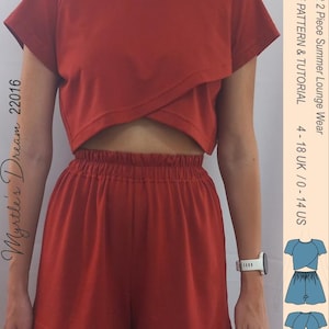 Pattern. Loungewear set, wrap over t-top with open back and t-shorts. Easy to intermediate sewing project. In sizes 4-18 UK/0-14 U