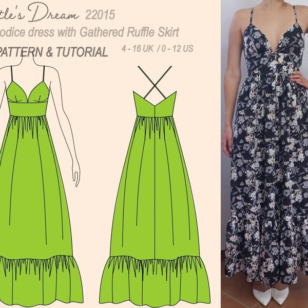 Pattern. Maxi dress with fitted bodice, gathered skirt and ruffled hem. In maxi, mid calve and knee lengths. 4-16 UK. Easy sewing project.