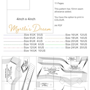 May include: A digital sewing pattern titled Myrtle's Dream, featuring an A4 PDF layout with 11 pages. Includes a 50mm x 50mm and 4inch x 4inch test square, 10mm seam allowance instructions, and a color-coded size guide from UK 4/US 0 to UK 24/US 20.