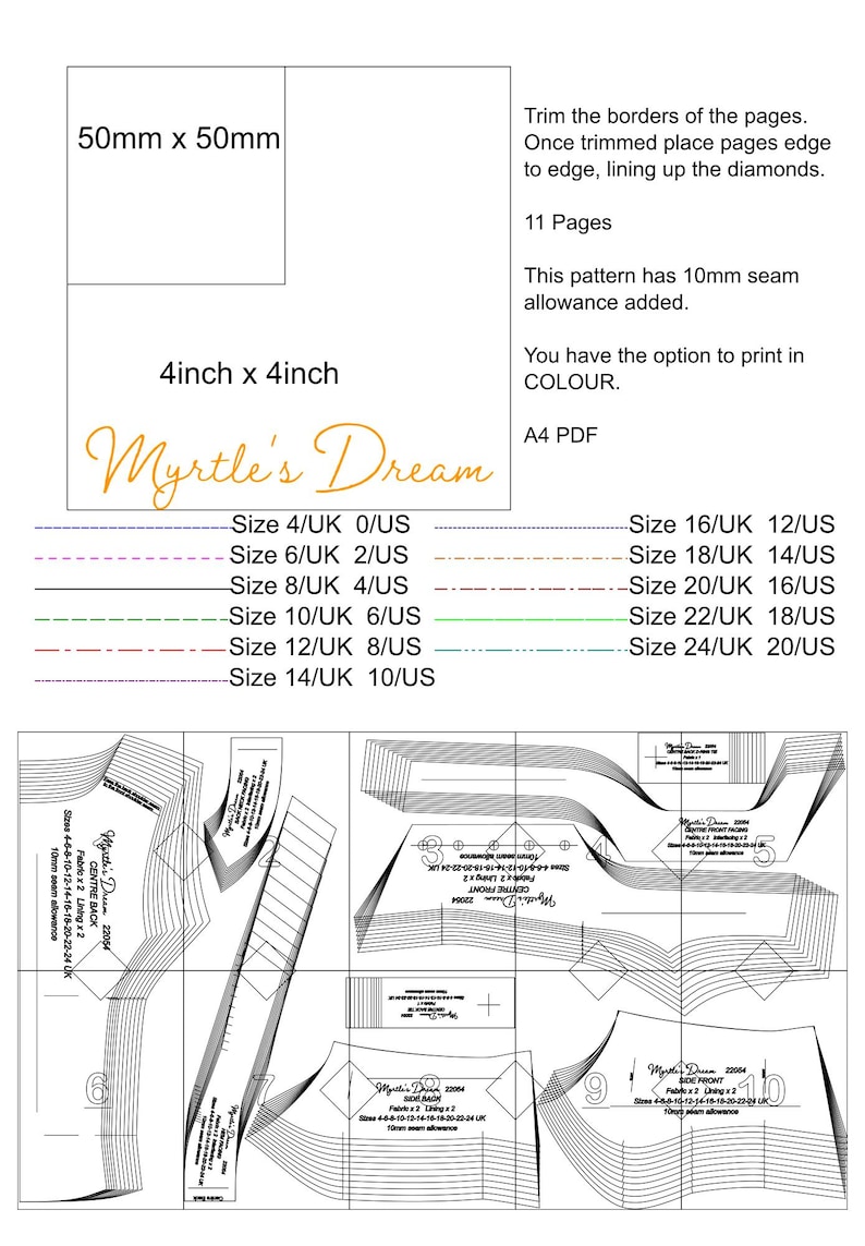 May include: A digital sewing pattern titled Myrtle's Dream, featuring an A4 PDF layout with 11 pages. Includes a 50mm x 50mm and 4inch x 4inch test square, 10mm seam allowance instructions, and a color-coded size guide from UK 4/US 0 to UK 24/US 20.