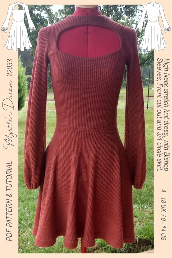 Stretch Knit Mini Dress Sewing Pattern: High Neck, Bishop Sleeves (PDF Pattern) - Etsy Stretch Knit Mini Dress Sewing Pattern: High Neck, Bishop Sleeves (PDF Pattern) - Etsy