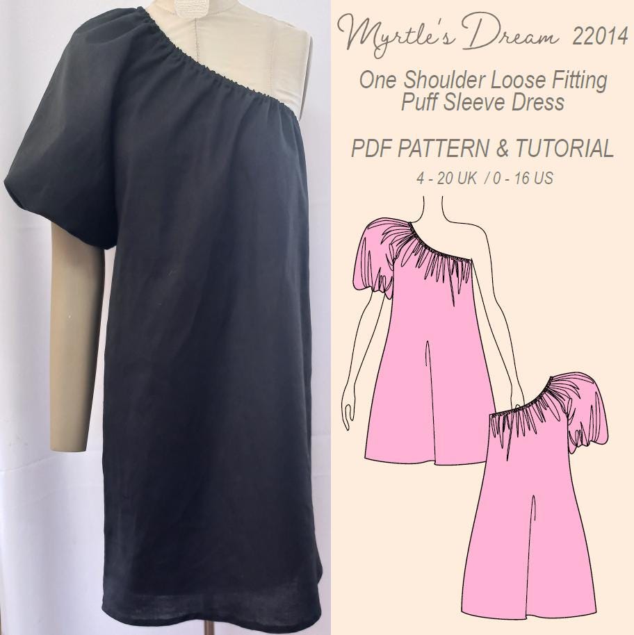 Pattern. One Shoulder Dress With Puff Sleeve. in Sizes 4-20