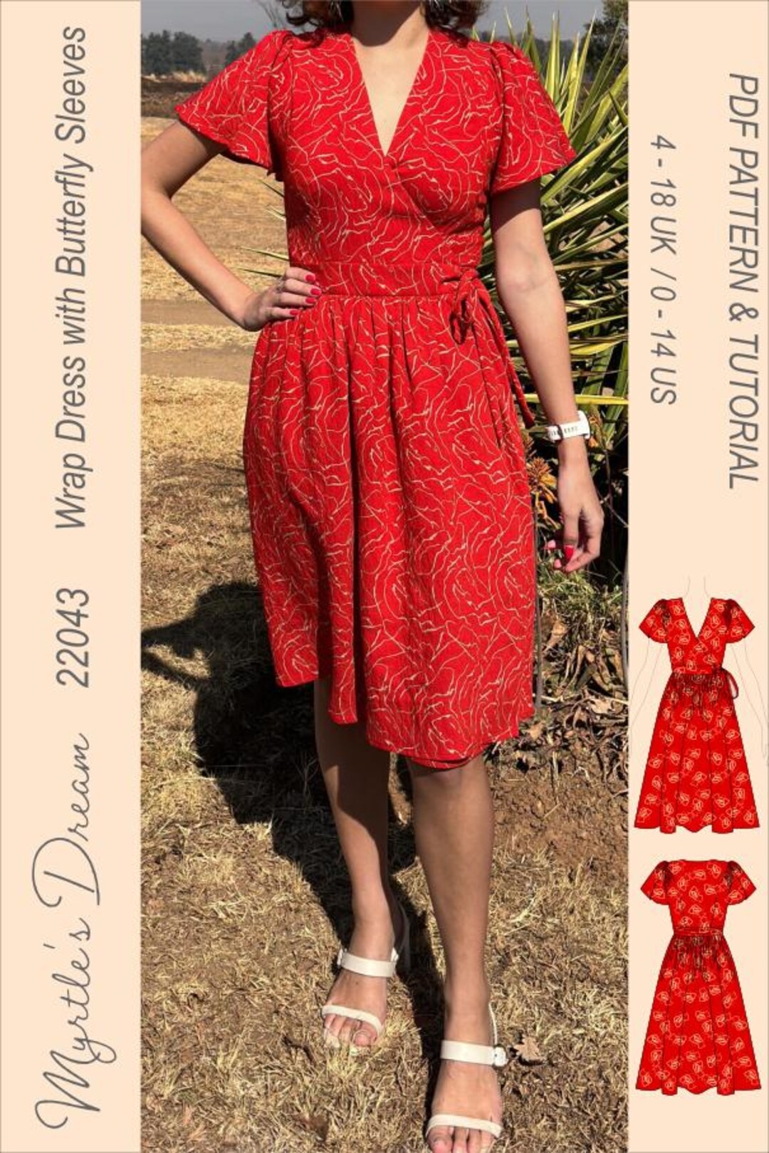 Intermediate Sewing Pattern Pattern. Wrap Dress With Butterfly Sleeves. in Sizes 4-18 UK / 0-14 US ...
