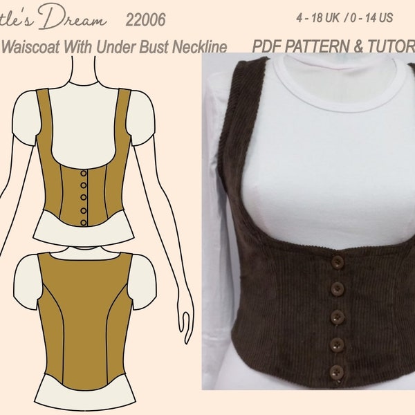 Pattern. Fitted waistcoat, with under bust neckline. In sizes 4-18 UK. Easy sewing project.