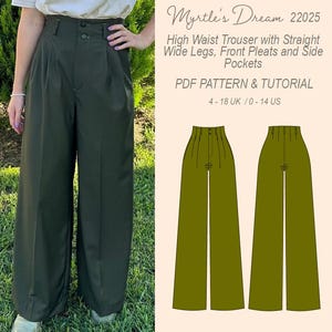 Könnte beinhalten: Dunkelgrüne Hose mit hoher Taille, geraden, weiten Beinen, Bundfalten und Seitentaschen. Die Hose wird an einer Person und auch als Schnittmusterillustration gezeigt. Der Text auf dem Bild lautet "Myrtle's Dream 22025" und "High Waist Trouser with Straight Wide Legs, Front Pleats and Side Pockets."