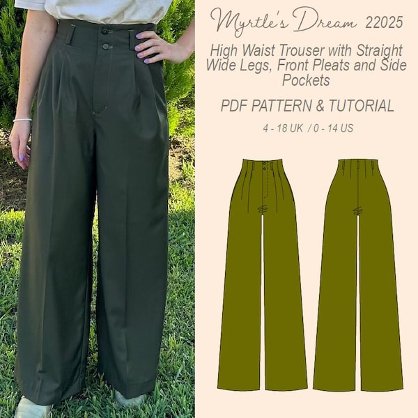 Pattern. High waist trouser with straight wide leg, front pleats and side pockets. Sizes 4–18 UK / 0–14 US. Intermediate sewing project.