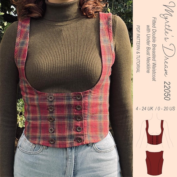 Pattern. Fitted lined double breasted waistcoat with under bust neckline. Easy to intermediate sewing project. Sizes 4-24 UK.