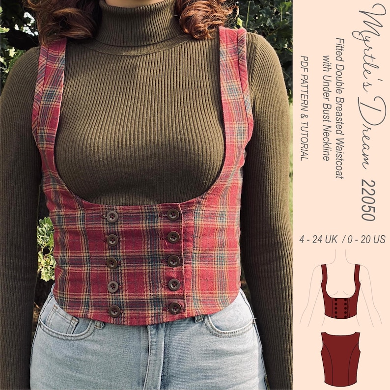 K&ouml;nnte beinhalten: Eine rot-blau karierte, zweireihige Weste mit Unterbrustausschnitt und zehn Kn&ouml;pfen. Der Text lautet: Myrtle's Dream 22050, Fitted Double Breasted Waistcoat with Under Bust Neckline, PDF PATTERN & TUTORIAL, 4 - 24 UK / 0 - 20 US.
