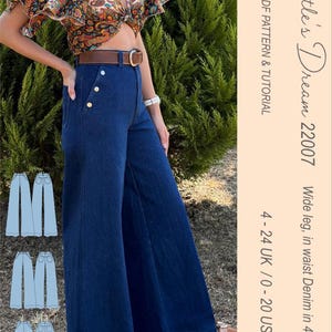 Pattern. Classic wide leg, Denim trouser, in floor, cropped, knee and short length. Sizes 4–24 UK / 0-20 US. Intermediate sewing project.
