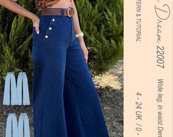 Classic wide leg denim trouser pattern, in floor, cropped, knee and short length. Sizes 4–24 UK / 0-20 US. (PDF)