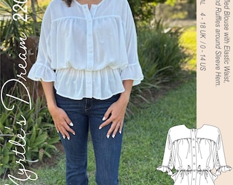 Ruffled Peplum Blouse Sewing Pattern: Kimono Sleeves (PDF)