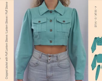 Cropped Jacket pattern with 3 sleeve style options, Puff Lantern-, Lantern- and Puff Sleeve. Sizes 4-18 UK. (PDF)