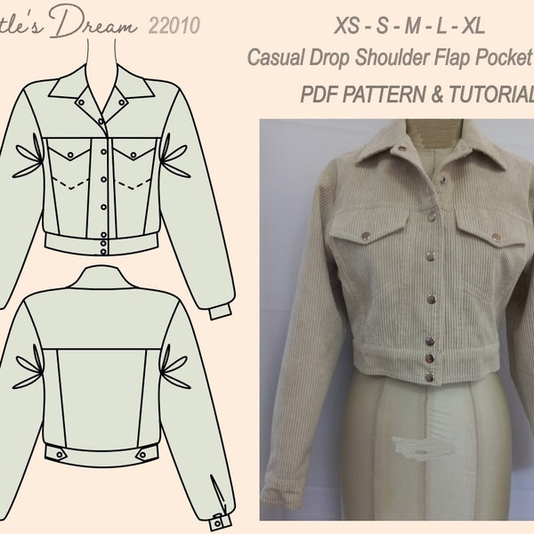 Pattern. Jacket with drop shoulder and flap pockets. Intermediate sewing project. Sizes XS - XL.