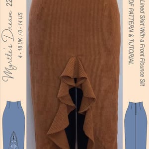 May include: A high-waisted, lined skirt with a front flounce slit in a warm brown corduroy fabric. The skirt features a unique ruffled detail at the front. The image includes the text "Myrtle's Dream 22009" and "PDF PATTERN & TUTORIAL".