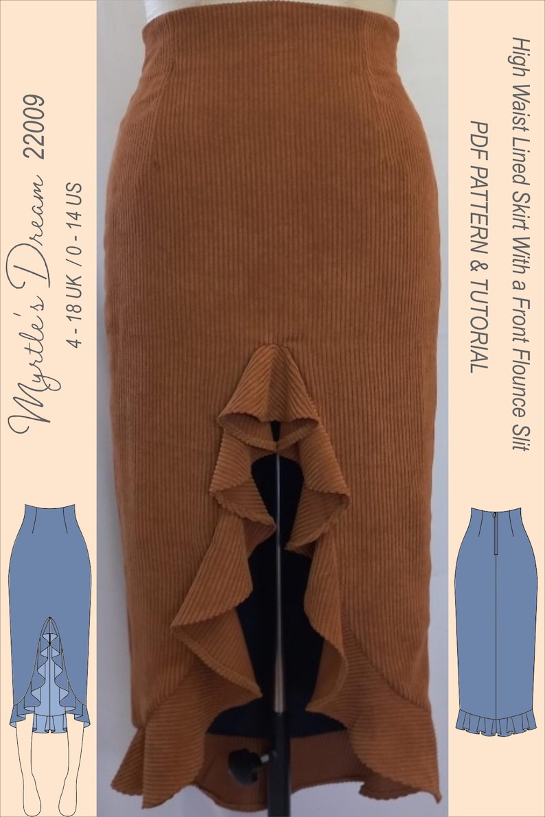 May include: A high-waisted, lined skirt with a front flounce slit in a warm brown corduroy fabric. The skirt features a unique ruffled detail at the front. The image includes the text "Myrtle's Dream 22009" and "PDF PATTERN & TUTORIAL".