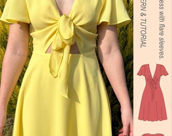 Tie Front Dress Sewing Pattern: Butterfly Sleeves (Sizes 4-20 UK) (PDF Pattern)
