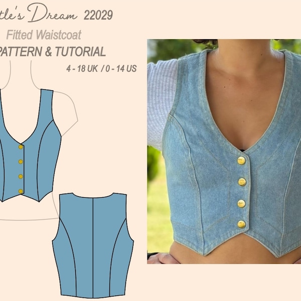 Pattern. Cropped waistcoat. Easy to intermediate sewing project. Sizes 4 - 18 UK / 0 - 14 US.