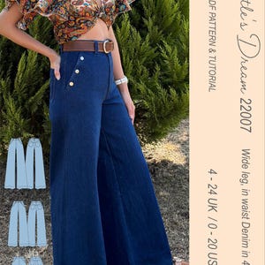 May include: A woman wearing a paisley print crop top and high-waisted, wide-leg denim jeans. The jeans have gold button details and a brown belt. The image includes the text "Myrtle's Dream 22007" and "Wide leg, in waist Denim in 4 ways".