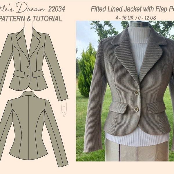 Pattern. Fitted lined jacket with flap pockets. Advanced sewing project. Sizes 4–16 UK / 0–12 US.