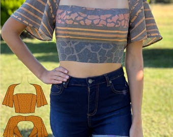 Cropped Top Sewing Pattern: Raglan Sleeves, Open Tie Back (Sizes 4-18 UK) (PDF)