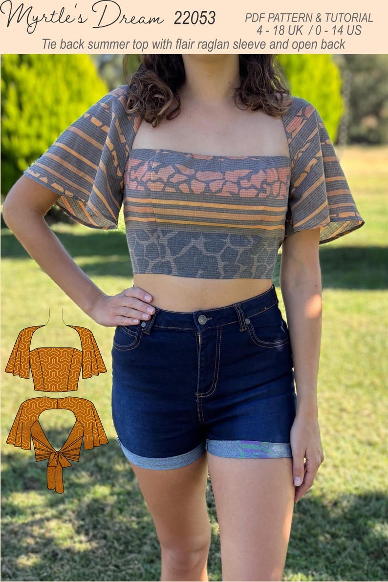 Cropped Top Sewing Pattern: Raglan Sleeves, Open Tie Back (sizes 4-18 ...