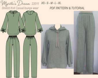 Pattern. Loungewear set. Hoodie top with bishop sleeves, elasticated waist trouser with side pockets. Sizes XS-XL. Easy sewing project.