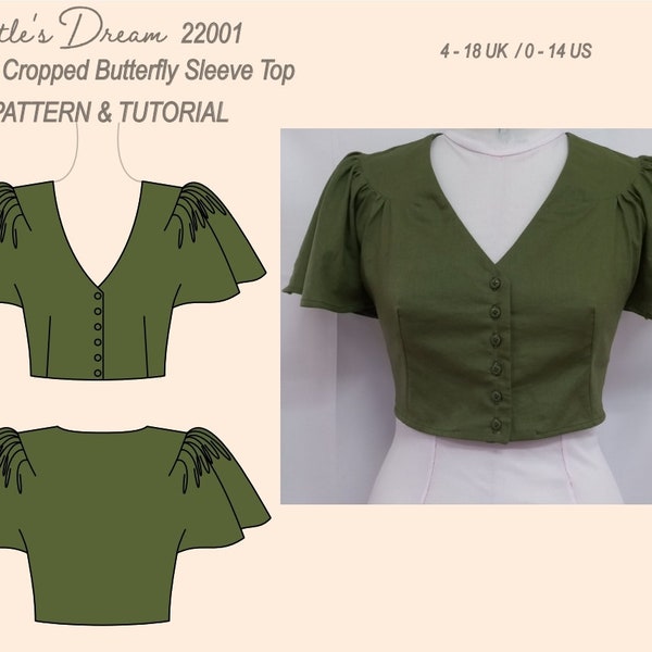 Pattern. Fitted cropped top with butterfly sleeves. Easy sewing project. Sizes 4-18 UK.