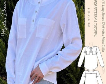 May include: A white long-sleeve shirt with a mock collar and two front pockets. The shirt has three buttons down the front and is part of a PDF pattern and tutorial. The text "Myrtle's Dream 22044" is on the left side of the image.