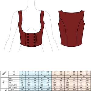 K&ouml;nnte beinhalten: Eine technische Zeichnung einer taillierten, zweireihigen Weste mit Unterbrustausschnitt, beschriftet mit MDD22050. Die Grafik zeigt Vorder- und R&uuml;ckansichten in Dunkelrot, eine Gr&ouml;&szlig;entabelle f&uuml;r UK-Gr&ouml;&szlig;en 4-24 und den Stoffbedarf.