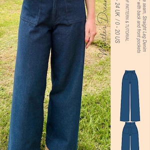Peut inclure: Pantalon en jean bleu foncé à jambes droites. Le pantalon est doté de poches avant et arrière. Le texte de l'image indique : "No side seam, Straight Leg Denim Trouser with back and front pockets. PDF PATTERN & TUTORIAL 4-24 UK / 0-20 US."