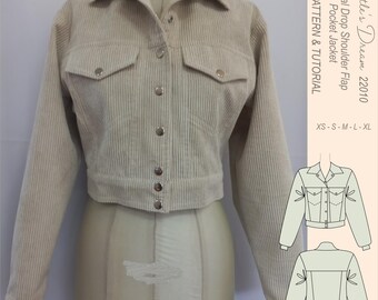 Pattern. Casual drop shoulder flap pocket jacket pattern. Intermediate sewing project. Sizes XS, S, M, L XL.