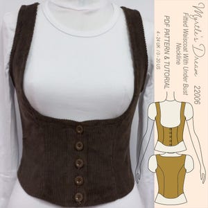 May include: A brown corduroy fitted waistcoat with a neckline and underbust design. The waistcoat has a button-up front and shoulder straps. The image includes the text "Myrtle's Dream 22006 Fitted Waiscoat With Under Bust Neckline PDF PATTERN & TUTORIAL 4-24 UK / 0-20 US".