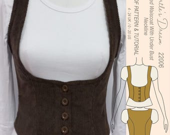 Fitted Lined Waistcoat Sewing Pattern: Under bust Low Neckline (Sizes 4-24 UK) (PDF Pattern)