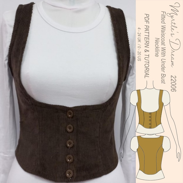 Pattern. Fitted lined waistcoat with under bust neck-line pattern. Easy to intermediate sewing project. Sizes 4–24 UK.