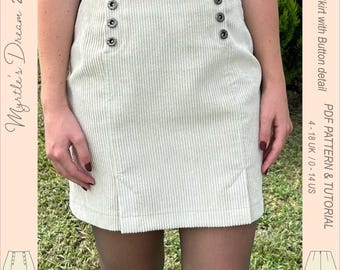 Mini Skirt Sewing Pattern: Corduroy Button Detail (Sizes 4-18 UK / 0-14 US) (PDF Pattern)
