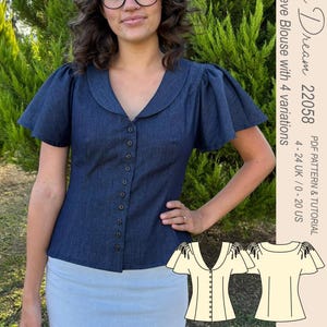 Pattern. Elegant butterfly sleeve blouse. Four variations. Intermediate sewing project. Sizes 4-24 UK.
