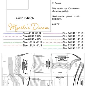 K&ouml;nnte beinhalten: Ein digitales Schnittmuster mit dem Titel Myrtle's Dream, bestehend aus einem A4-PDF-Layout mit 11 Seiten. Es enth&auml;lt ein 50mm x 50mm und 4inch x 4inch Testquadrat, eine 10mm Nahtzugabe und eine farbcodierte Legende f&uuml;r die Gr&ouml;&szlig;en 4/UK bis 24/UK.